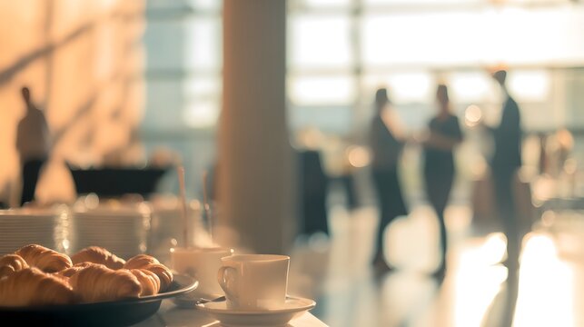Breakfast setting with croissants and coffee cups in foreground, blurred people networking in background, creating a warm and inviting atmosphere for social interaction