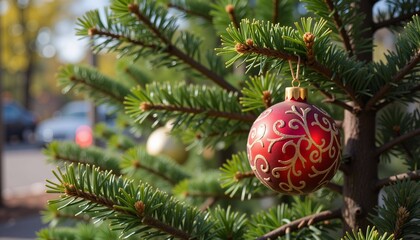 Close-up of a decorated Christmas tree ornament hanging on a green pine branch