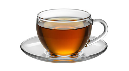 Clear glass mug filled with hot tea on a saucer isolated on transparent background 
