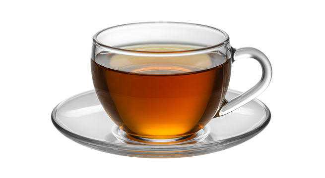 Clear glass mug filled with hot tea on a saucer isolated on transparent background 
