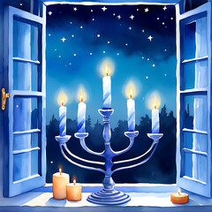 Menorah with lit candles on a windowsill with a starry night sky visible through an open window isolated on white background isolated on transparent background