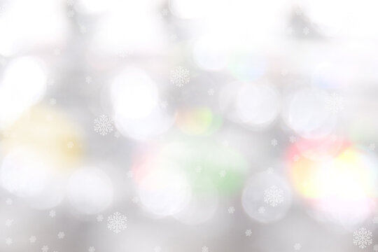 Winter nature, blurred light flares, snowflakes pattern. Copy space. Dreamy atmospheric mood, north background. Place for text. Template for design banner, card. Merry Christmas