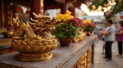 Fototapeta premium A golden dragon statue adorns a temple altar with vibrant flowers and blurred worshippers in the background