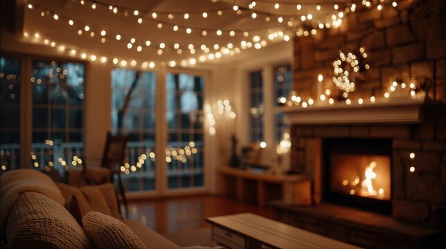 Inviting home interior glowing string lights and intimate bokeh in living room photography