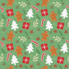 Cute Christmas Seamless Pattern with Gingerbread Men White Trees Gift Boxes Candy Canes and Holiday Botanicals on Green Background Festive Winter Texture