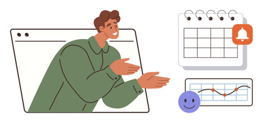 Man speaking through a web browser frame, calendar with notification alert, chart with happy face. Ideal for time management, remote work, scheduling, planning, productivity, online meetings simple