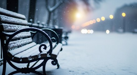 Empty park bench covered in white snow on a cold winter day. Snowy urban landscape with street lights and bokeh effect. Seasonal weather scene.