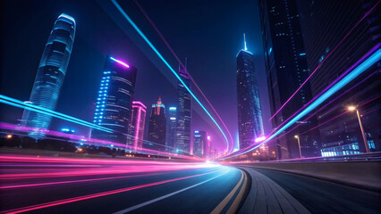 Futuristic cityscape at night with vibrant neon lights and streaks of light from passing vehicles, creating a dynamic and modern urban scene with a sense of speed and energy