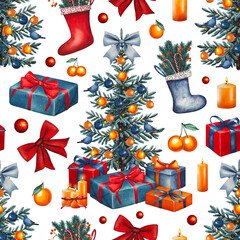 Hand drawn Christmas seamless pattern with Christmas tree, red ,blue gift boxes, red, blue socks, candles, red bows, tangerines. Watercolor illustration