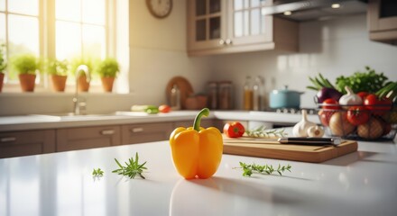 cooking healthy fresh vegetables in a modern kitchen interior with food on the counter