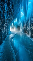 Fototapeta premium Stunning Ice Cave Pathway with Icicles and Frozen Stream.