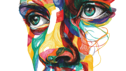 Abstract face formed with colorful flowing lines creating a vibrant artistic expression in a modern creative style on white background