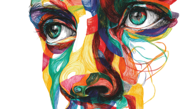 Abstract face formed with colorful flowing lines creating a vibrant artistic expression in a modern creative style on white background - Powered by Adobe