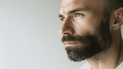 closeup shot of bearded man displaying strong expression of determination as he gazes intently into distance