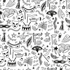 Seamless Pattern Carnival Celebration. Theatrical, Festive, Party and Masquerade masks, musical instruments with fireworks on White Background. Outline Hand-Drawn Doodle. Vector Illustration. Not AI