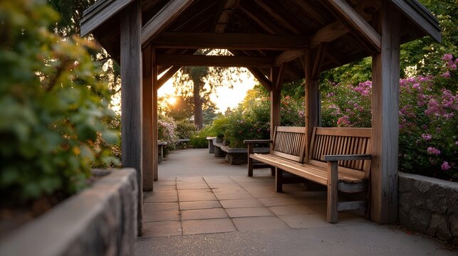 Tranquil wooden pavilion with benches in a blooming garden during golden hour sunset - Powered by Adobe