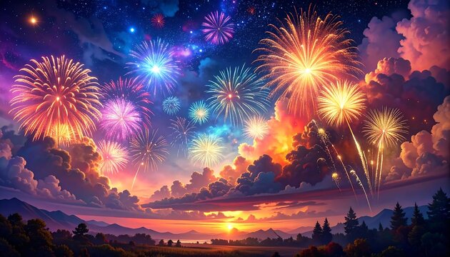 A vibrant nighttime scene of a firework display over a landscape with clouds and mountains at sunset. Colors are bright and festive