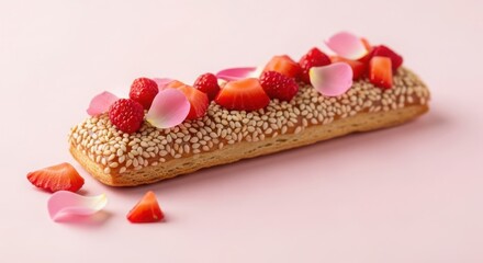 Delicious eclair decorated with fresh strawberries, raspberries and rose petals