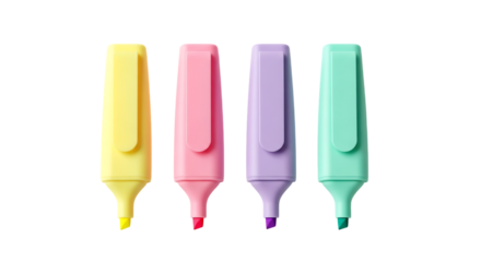 Pastel colored highlighters isolated on transparent background set of four markers in yellow, pink, purple and green school or office supplies for students png