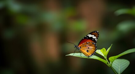 Obraz premium Orange and black butterfly rests on a green leaf in nature