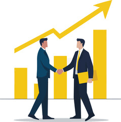 Two business people shaking hands in front of an upward-trending graph, transparent background, vector art style