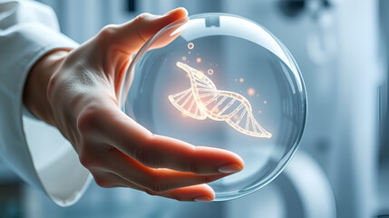 Science's Touch: A scientist's hand cradles a luminous DNA strand within a transparent globe, symbolizing the exploration of life's fundamental building blocks.