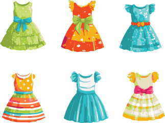 Vibrant, colorful baby girl summer dress collection, PNG format.