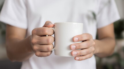 white coffee mug, hands holding mug, person drinking coffee, minimalist background, warm Lighting, cozy atmosphere, peaceful mood,