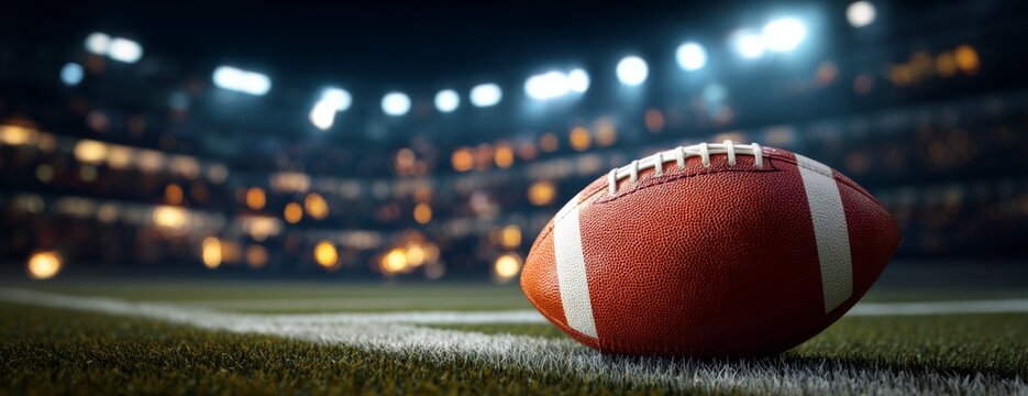 American football on the field in a stadium under bright lights  