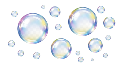 Collection of transparent soap bubbles isolated on transparent background, creating a whimsical and ethereal effect, perfect for adding a touch of magic png