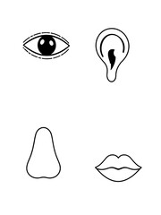 Black and white icon set depicting human senses. Includes a stylized eye, ear, nose, and lips. Each symbol is outlined in a bold, smooth line. The eye is almond-shaped with a central pupil. The ear is
