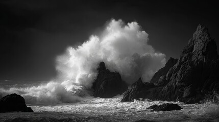Dramatic black and white crashing waves against rugged coastal rocks create a powerful, wild ocean scene