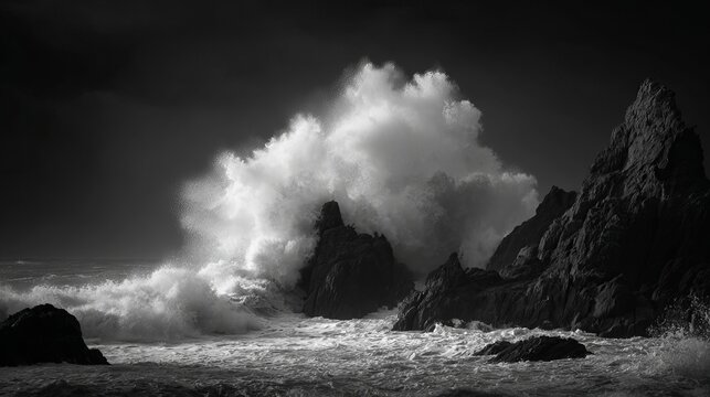 Dramatic black and white crashing waves against rugged coastal rocks create a powerful, wild ocean scene