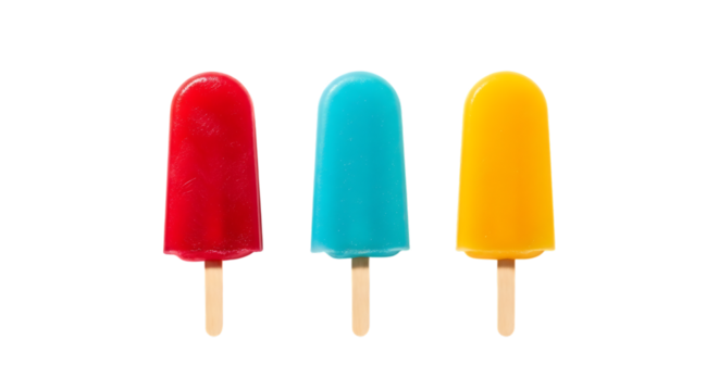 Three colorful popsicles isolated on transparent background, a refreshing treat for a hot day with vibrant red, blue, and yellow flavors png - Powered by Adobe