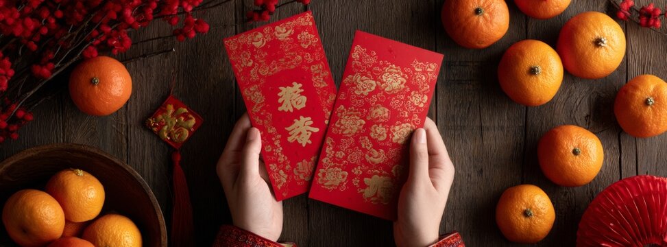 Hands holding Lunar New Year red envelopes surrounded by oranges on wooden table
