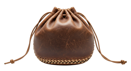 A brown leather pouch with a drawstring closure, isolated on transparent background, perfect for carrying small items or as a decorative accent png
