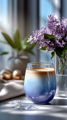 Refreshing butterfly pea latte with lilac flowers