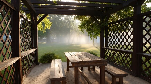 Misty morning light filters through a wooden pergola with table and benches in a serene garden