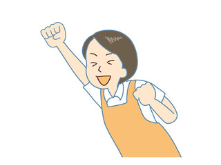 ガッツポーズをするエプロンを付けた女性