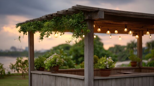 A wooden pavilion with hanging lights and potted flowers at twilight - Powered by Adobe
