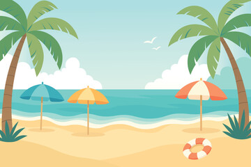 A soft, tranquil vector illustration of a Tropical Beach Featuring Gentle Rolling Waves and Golden Sand Below a Clear Blue Sky