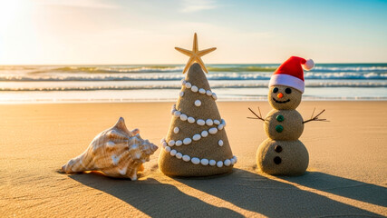 Cute miniature snowman made of sea sand in a Santa Claus hat near a Christmas tree on a seascape background. Christmas Holiday Concept