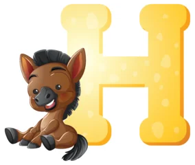 Fototapete Rund Kinder Cartoon Baby Horse Sitting Beside Large Yellow Letter H  © GraphicsRF