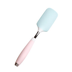 Fototapeta premium Stylish pastel kitchen spatula with a light blue silicone head and a soft pink handle, featuring a sleek metallic accent, isolated on black. background removed