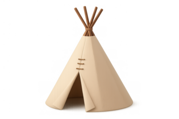Traditional natural fabric teepee tent with wooden poles, a cone-shaped indigenous shelter offering outdoor camping and nomadic living