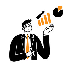 Hand drawn businessman presenting financial growth charts, doodle style vector illustration of business success and data analysis concept