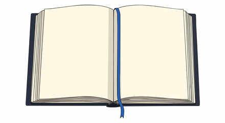 An open hardcover notebook with empty cream-colored pages and a blue ribbon bookmark, isolated on a white background.