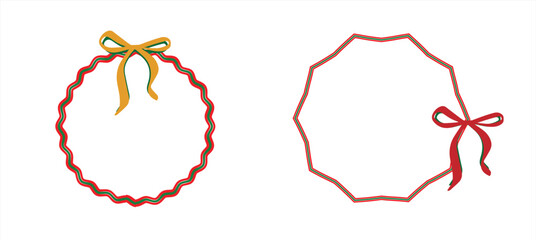 Wavy Round Christmas Frame with Decorative Gold and Green Bow – Festive Holiday Border Element