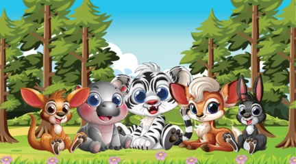 Fototapete Rund Kinder Cute Baby Animals Sitting Together in Forest Clearing  © GraphicsRF