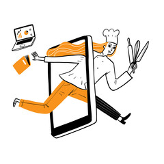 Hand drawn female chef stepping out of smartphone with kitchen tools, doodle vector illustration of online cooking class or food app.